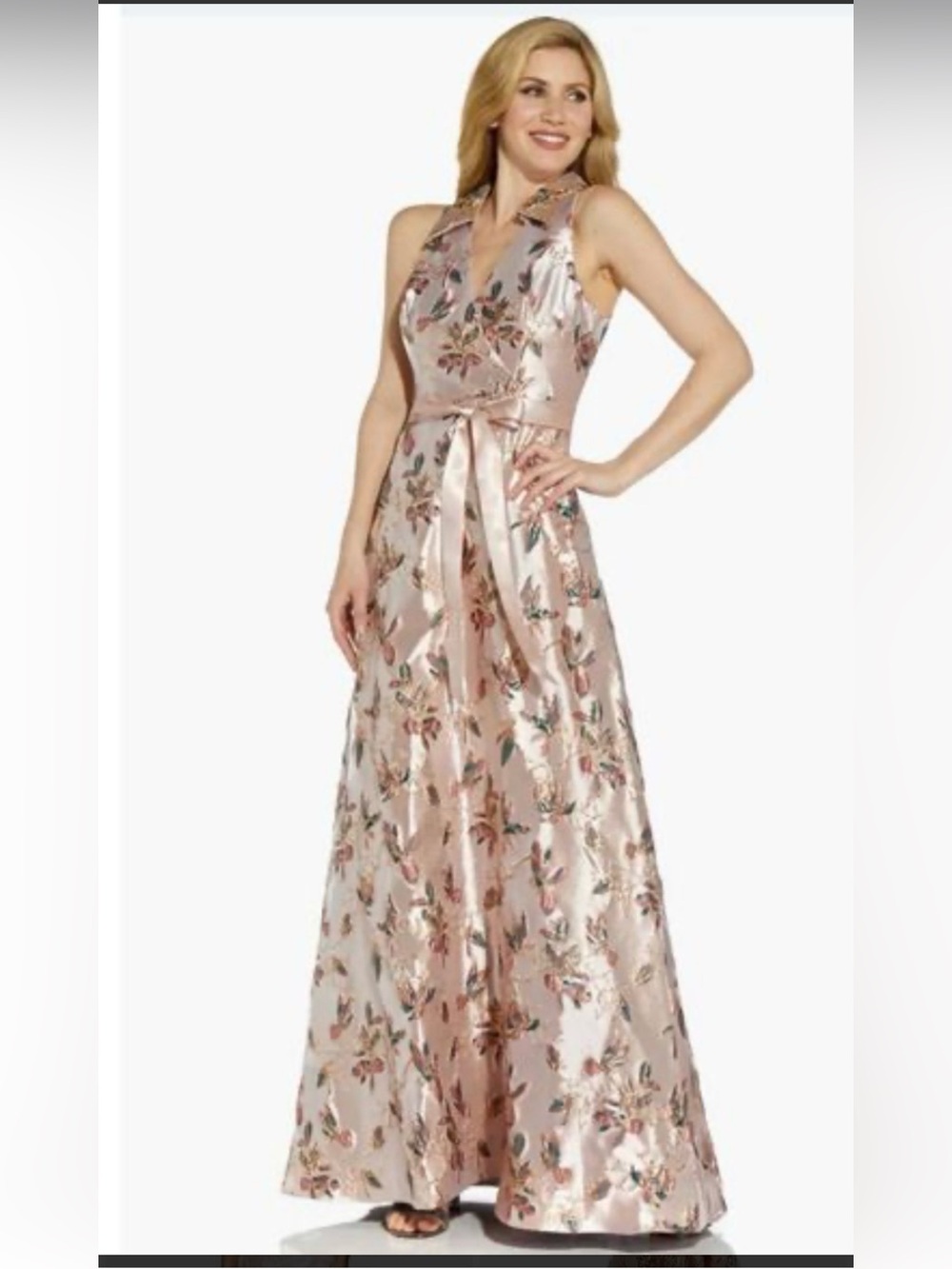 Adrianna Papell Blush Pink Metallic Floral Jacquard Maxi Dress size 8 Wedding